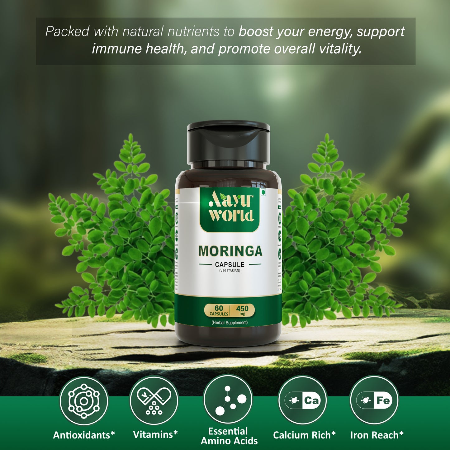 Moringa Capsules | 450 mg | 60 Veg Capsules | ISO, GMP Certified | Nutritional Supplement