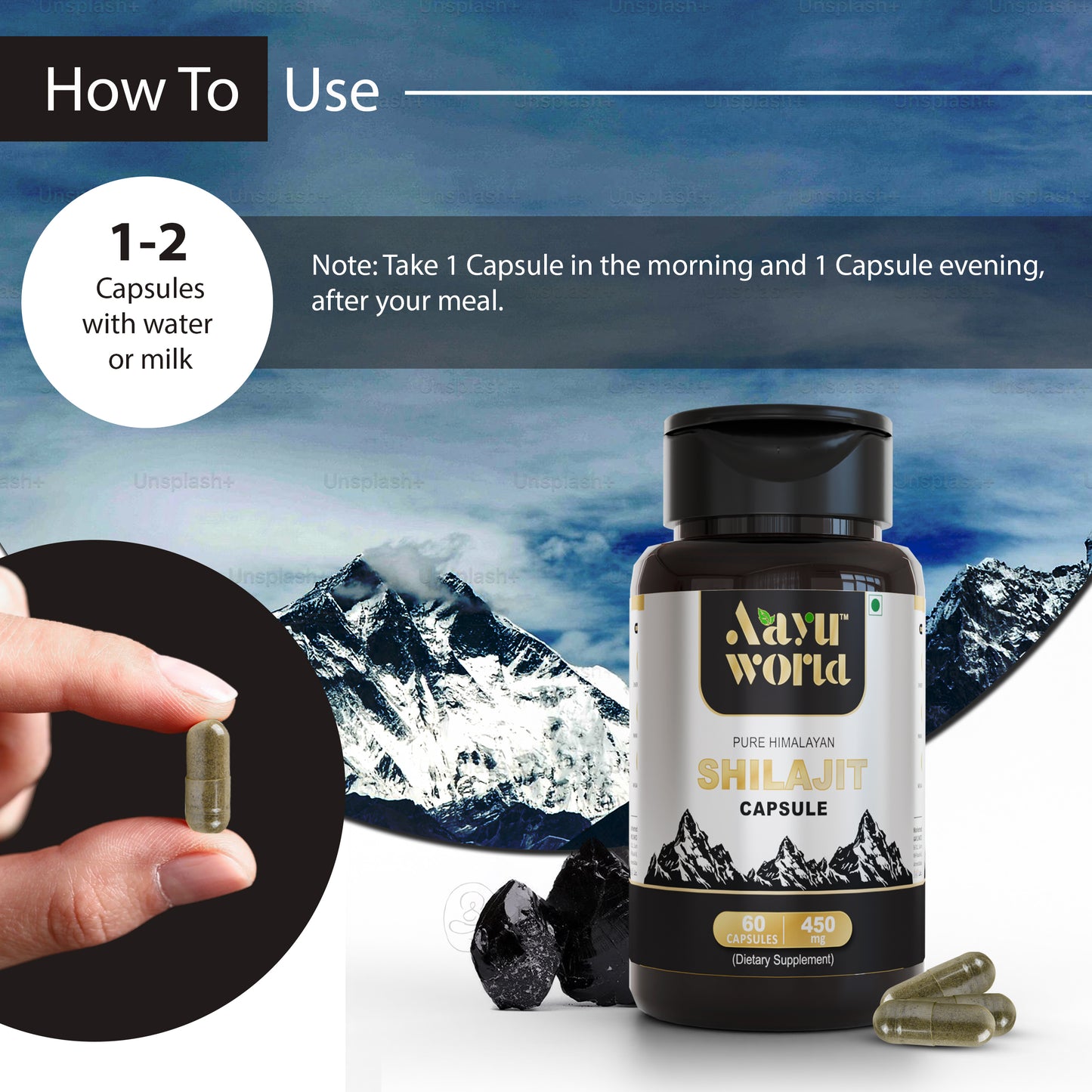 Himalayan Pure Shilajit Capsules | 450 mg | 60 Veg Capsules | ISO, GMP Certified | Energy & Vitality Booster