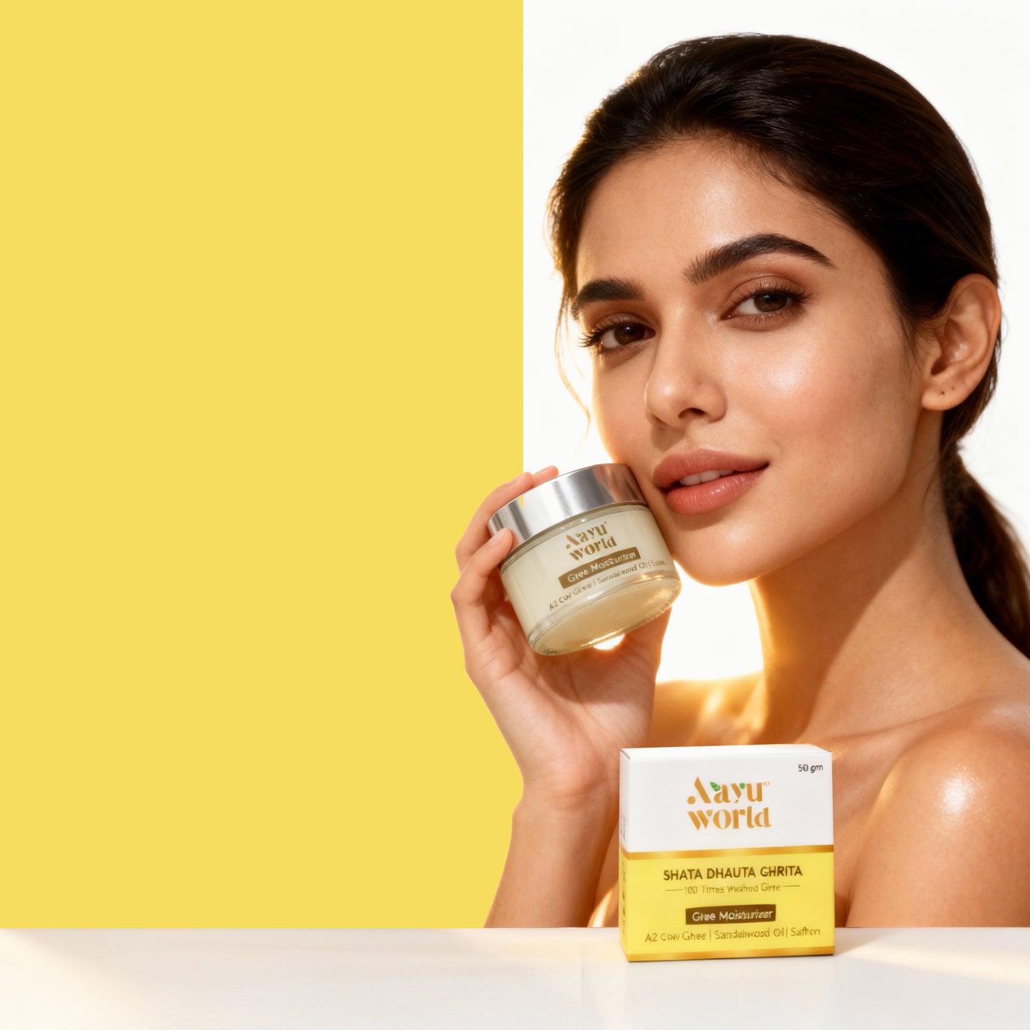 Shata Dhauta Ghrita Ghee Moisturizer | 100-Times Washed A2 Pure Cow Ghee Cream with Sandalwood & Saffron | Sulfate & Paraben Free | 50 g