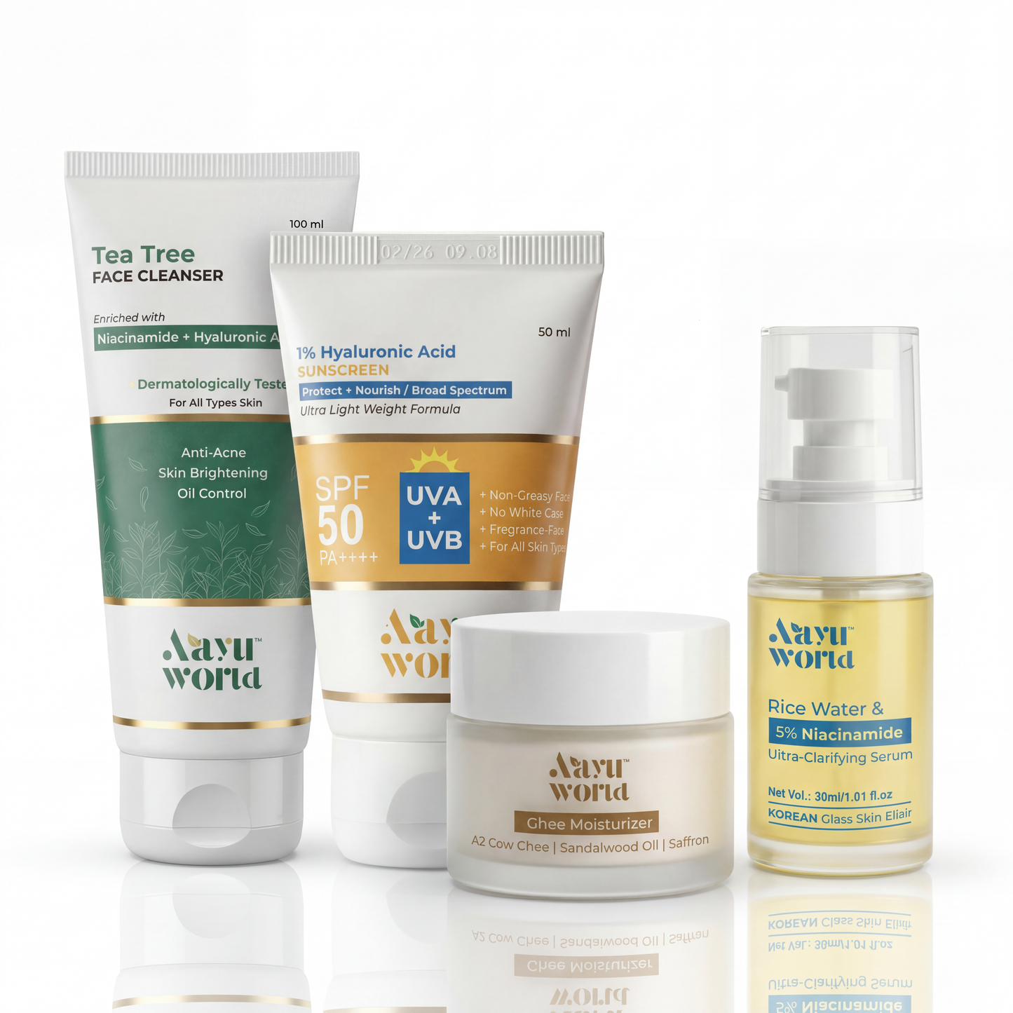 Aayuworld  Skincare Combo | Face wash (100gm) +Ghee Moisturizer (50g) + Rice Water Serum (30ml)+ Sunscreen (50gm)