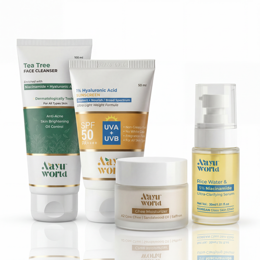 Aayuworld  Skincare Combo | Face wash (100gm) +Ghee Moisturizer (50g) + Rice Water Serum (30ml)+ Sunscreen (50gm)